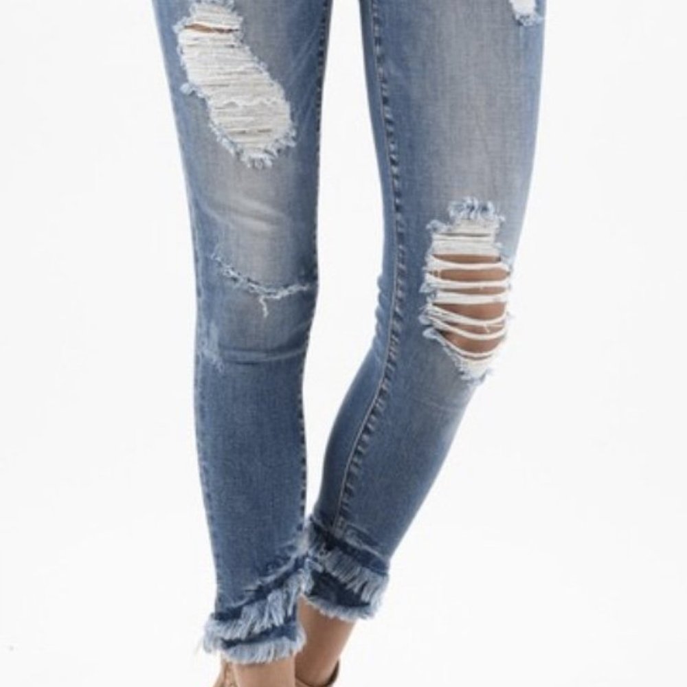 KanCan Mid Rise Ankle Skinny Double Frayed Hem